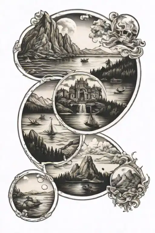 Circles With Mountain Sea And Children's