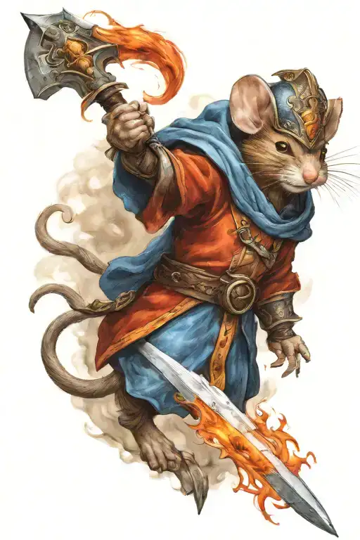 A Fierce Warrior Mouse Wielding A Fiery Sword And Blue Shield In Battle