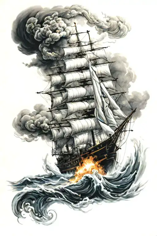 A Ship On Fire During An Ocean Storm