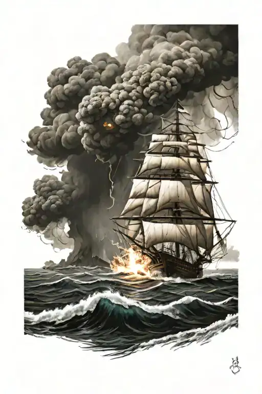 A Greek Ship On Fire During An Ocean Storm With Posidein In The Background