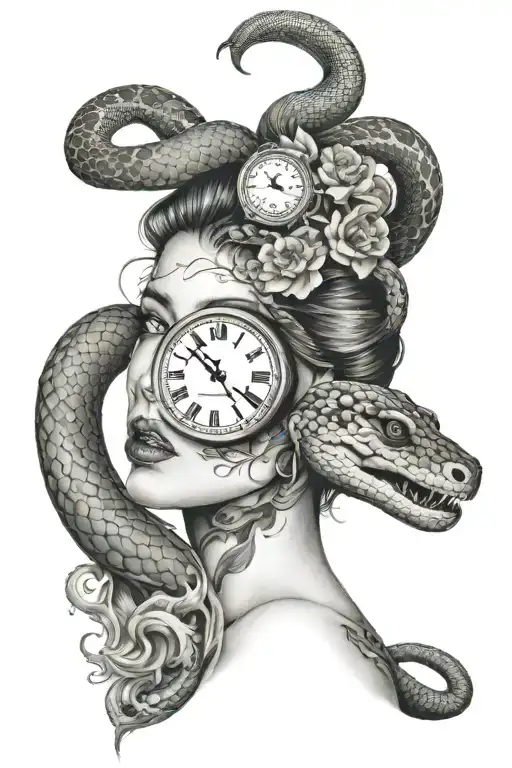 Face Of A Woman With A Snake And A Clock Symbolizing Time