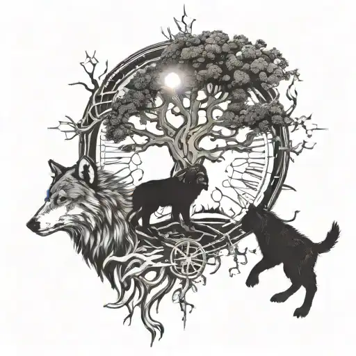 Yggdrasil With Vegvisir And Two Raven Flying Towards The Sun Next To A Wolf And A Bear