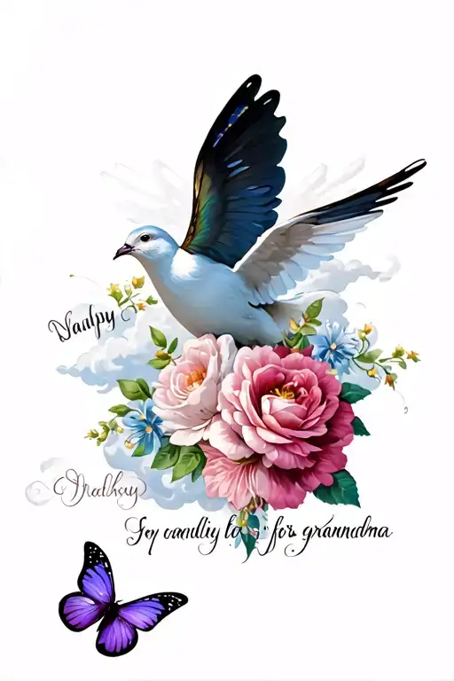 Flowers Butterfly Dove Clouds And Writing For Grandma Tribute