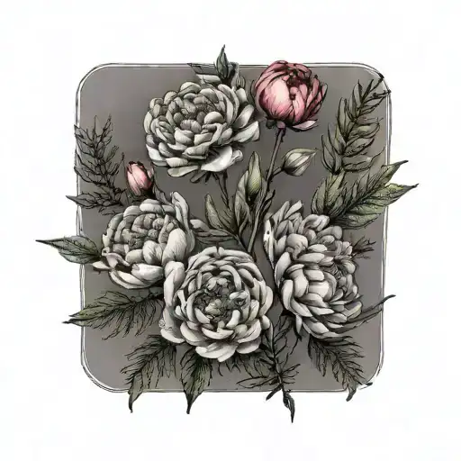 Delicate Peonies With Fern Branches