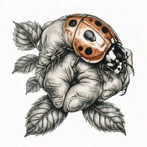 Ladybug Crawling On A Child's Hand With A Backdrop Of Outdoor Scenery