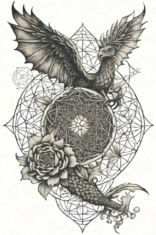 The Geometric Flower Of Life With A Dragon And Phoenix On Either Side Of It