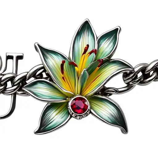 Charm Bracelet With Letter J And Lily Flower And Ruby