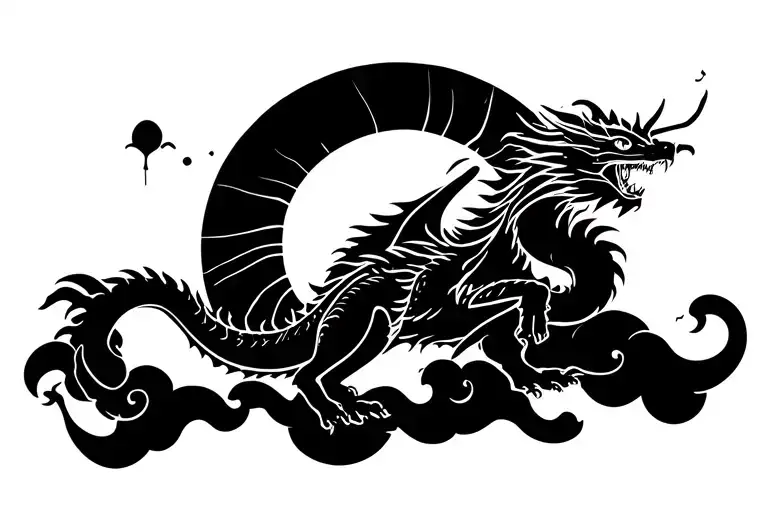 Design Of A Delicate Gentle Dragon Flying Up To The Sun Surrounded By Clouds