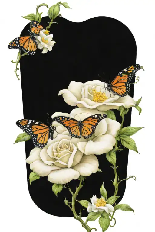 Wild Prairie Rose On A Vine Winding With Colored Monarch Butterflies Around It