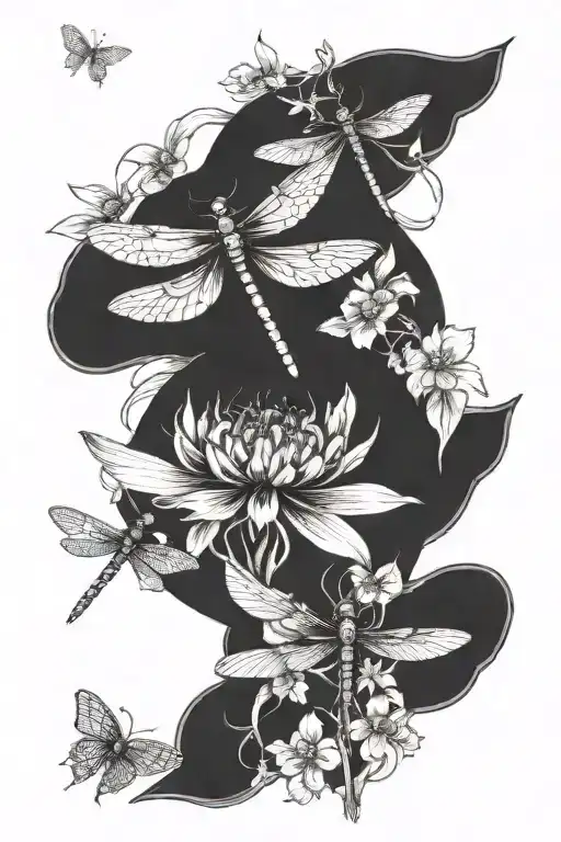 August And March Birth Flowers With Dragonflies Flying