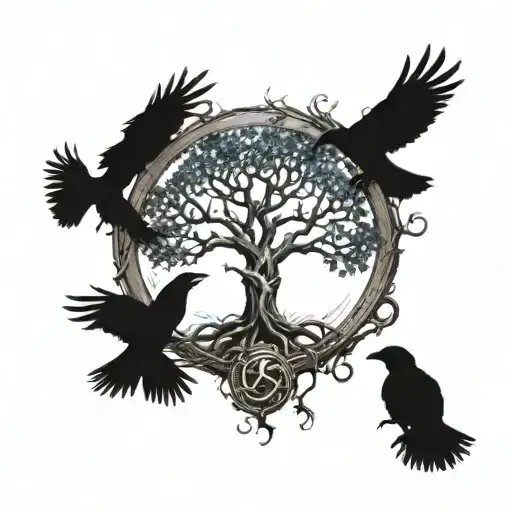 Yggdrasil Tree With Two Ravens With Circle In Background
