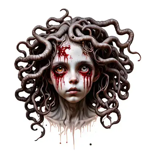 Hyperrealistic Medusa With Cute Face And Bloody Eyes
