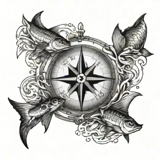 Compass And Fish And Anchor And Sea Waves