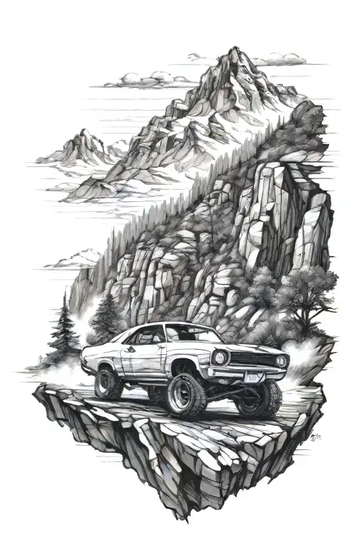 An Adrenaline-fueled Tattoo Of A Car Speeding Through A Rugged Mountain Terrain