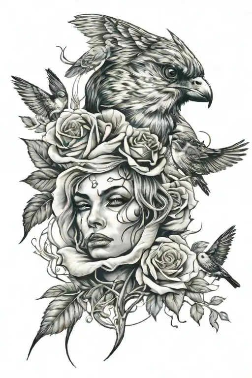 Warrior Face Roses At The Bottom And Sparrow Flying