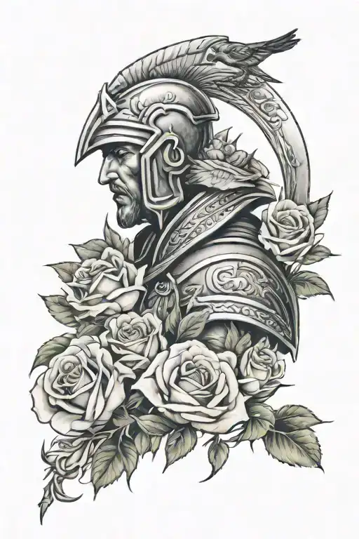 Spartan Warrior Face Roses At The Bottom And Sparrow Flying