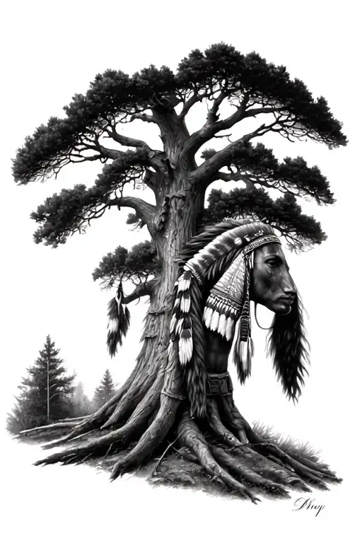 End Of The Trail Native American In A Oak Tree Forest