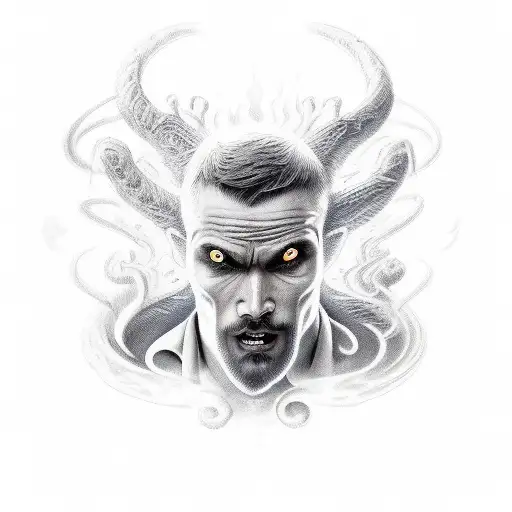 Man Face Against Demons And Angels In Fire