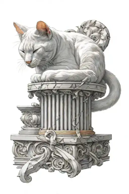 White Cat Sleeping With Marble Columns Behind It