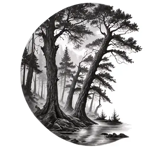 Detailed Full Scene Of A Forest Black And White