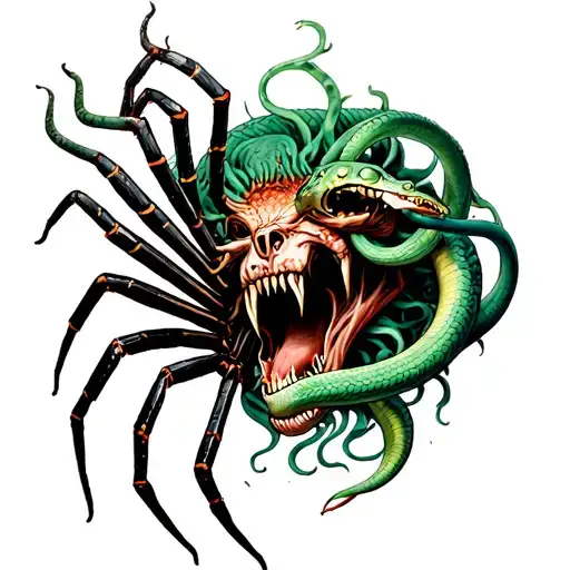 Medusa Head With A Serpent Coming Out Of Its Mouth To Eat A Spider