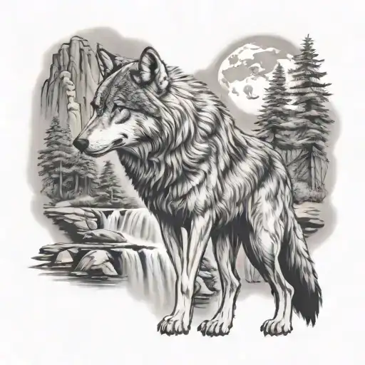 Wolf Standing Over A Paradise With A Waterfall