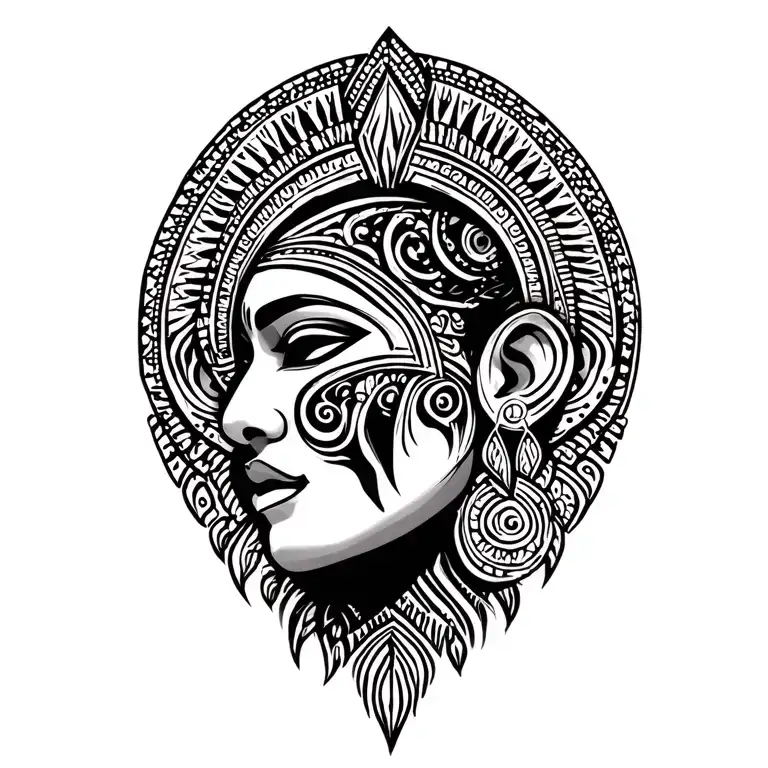 Left Profile Female Tribal Ritual Mask Surrounded Stylus African Patterns