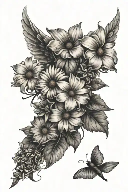 Simple Forearm Tattoo With Daisies And Morning Glories With Angel Wings