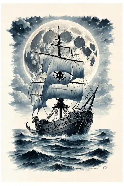 Viking In A Bottom Ship And A Full Moon In The Sky