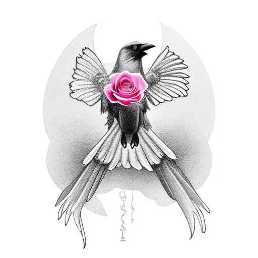 Crow Flying With A Rose Flower In Claw
