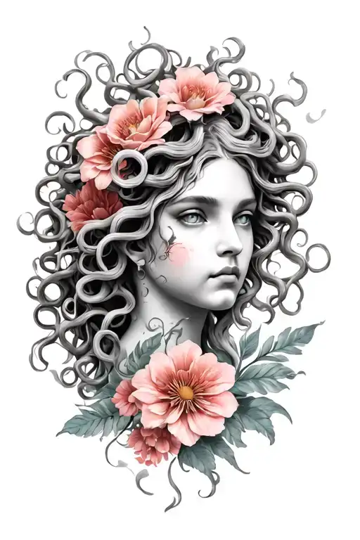 Woman Face Medusa Head Tattoo Flowers