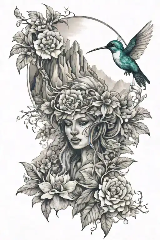 Sexy Goddess On A Mountain Landscape With Cancer Sign Flower And Hummingbird