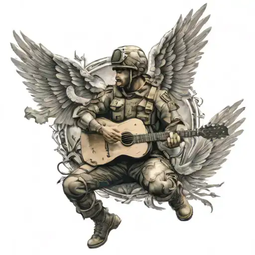 A Powerful Army Soldier Playing A Guitar With Wings