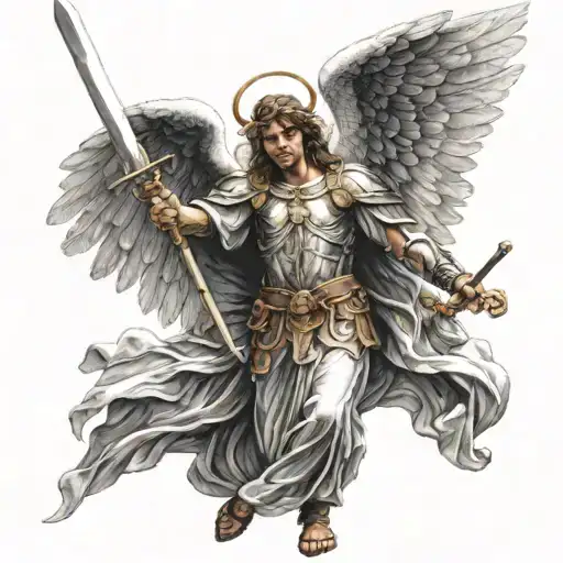 A Majestic Angel Holding A Shield With A Sword Piercing Thru Light