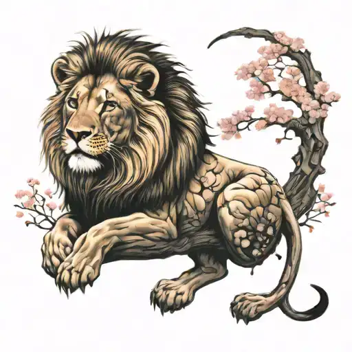 Lion With Cherry Blossom Tree And A Moon Merging Together