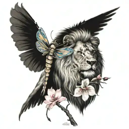 Lion With Cherry Blossom Tree And A Dragon Fly Away