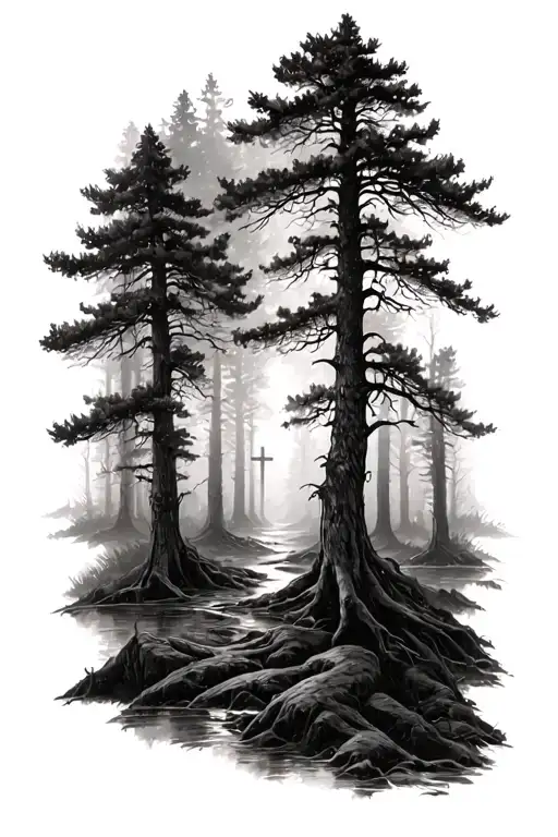 Deep Forrest Area With Trees With A Slight Christian Theme Tattoo Design