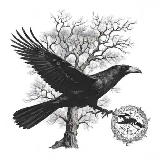 Tree And Crow Flying