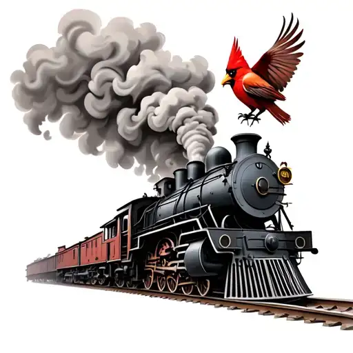 Steam Train With A Cardinal Flying Out Of The Smoke Stack