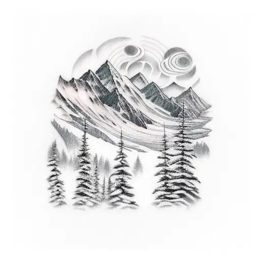 Forrest With Mountains And Waterfall