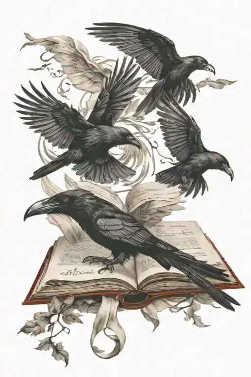 Open Book With Small Ravens Flying Out Of The Pages
