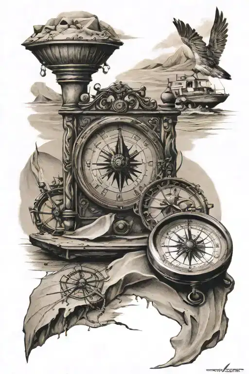 Caravan And Sand Clock And Compass