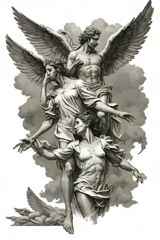 Standing Girl And Flying Male Angel Holding His Hand Above Her Head