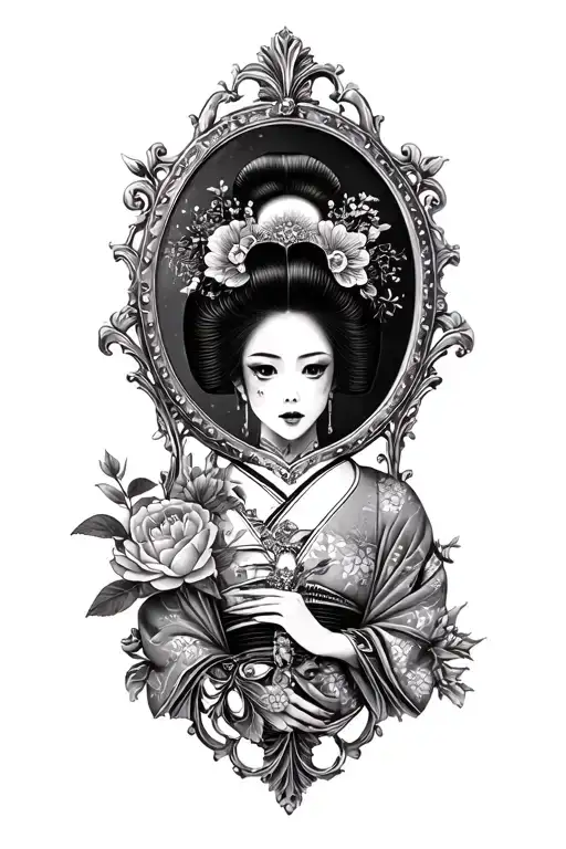 Gothic Style Antique Mirror Reflecting A Geisha That Is Partially Skeletal