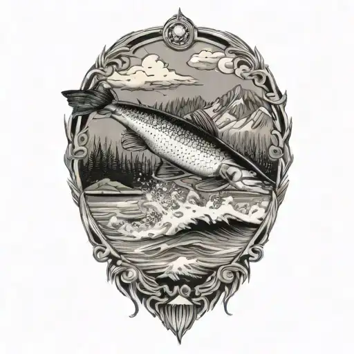 Salmon Jumping Out Of Water Symbol Bear Eagle Soaring