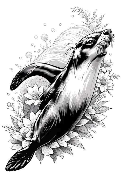 Black And White Fine Line Tattoo Of A Sea Lion Swimming With Waves And Flowers
