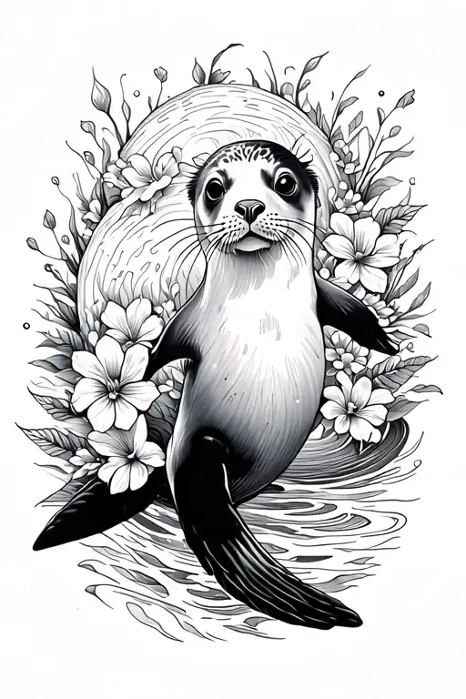 Black And White Fine Line Tattoo Of A Seal Swimming With Waves And Flowers