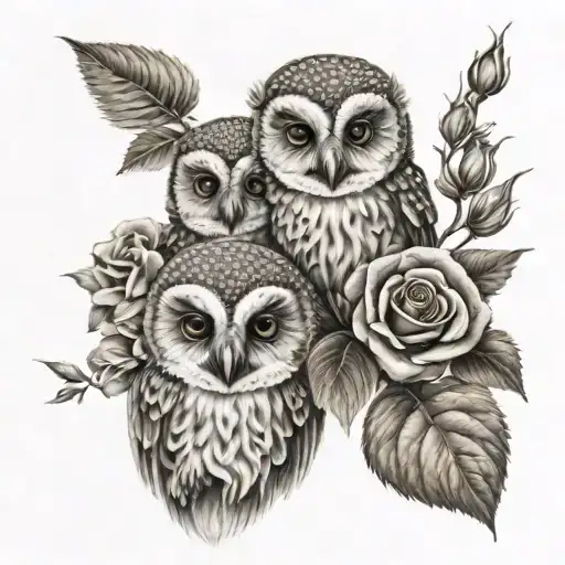 3 Baby Owls And Roses Blooming