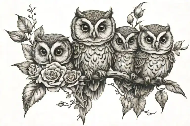 3 Baby Owls And Roses Blooming