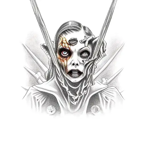 Evil Justitia With Fading Zombie Hands Reaching For Her